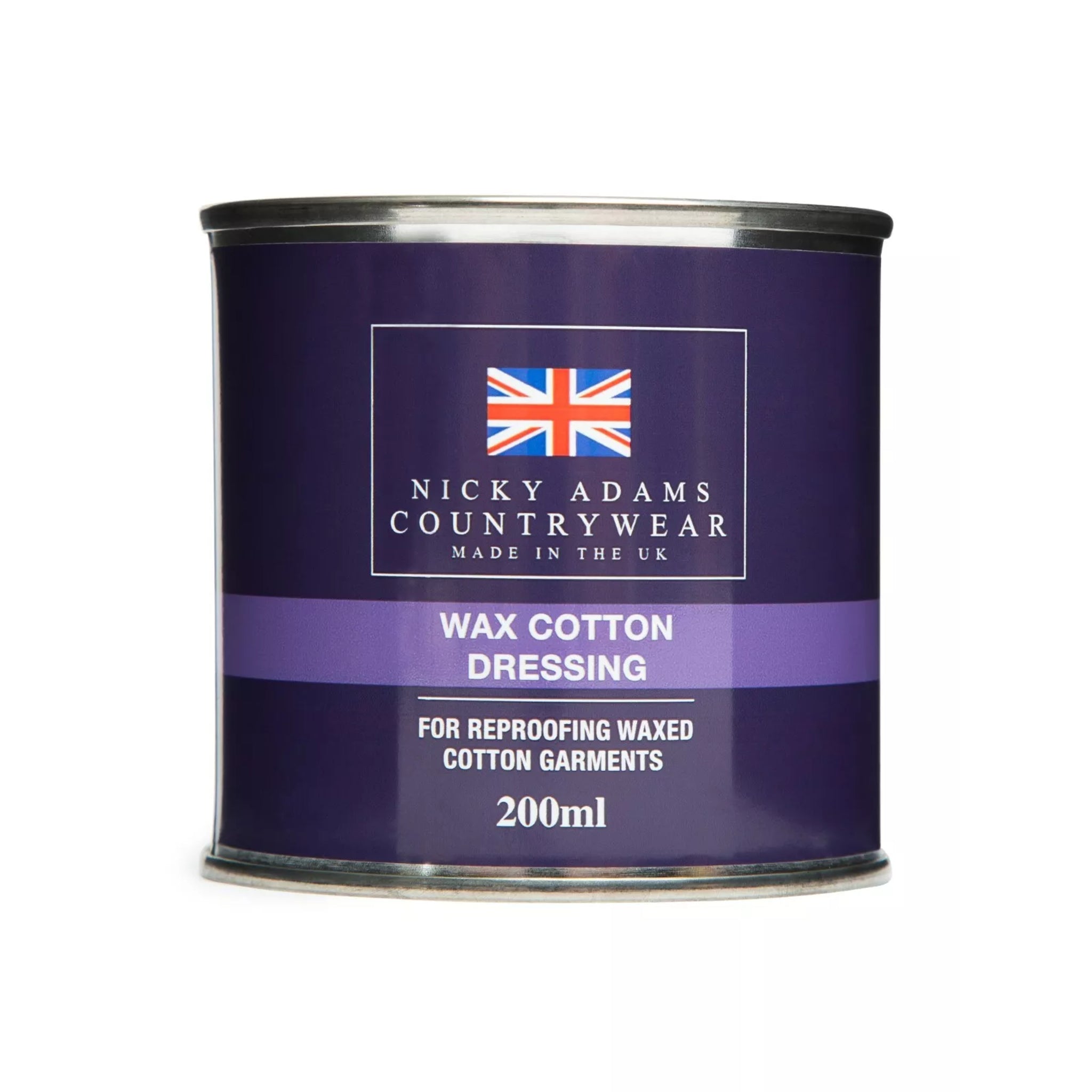Nicky Adams Countrywear Wax Cotton Dressing ā 200ml tin of reproofing wax for waterproofing and restoring waxed jackets and hats